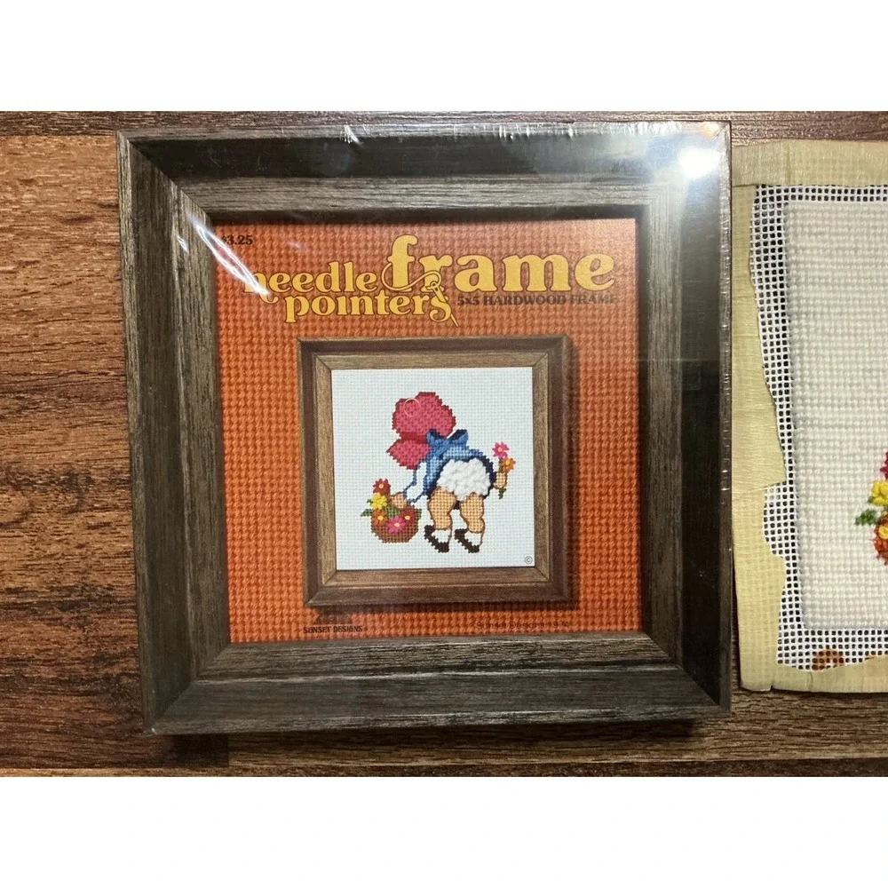1970s Completed Embroidered FANCY PANTS Needlepoint & NIP Jiffy Frame 5x5 Frame